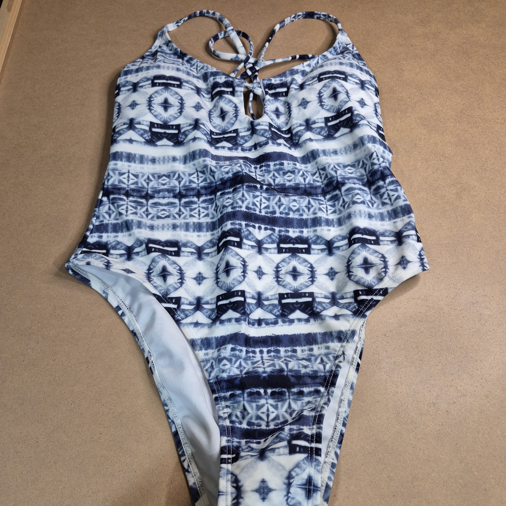 Indigo Rein Women's One Piece Swimsuit - Blue and White Geometric